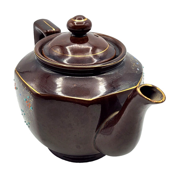 Vtg Hand Painted Teapot Redware Japan Moriage Brown Orange Blue Gold Trim 6.5x8 - Picture 8 of 14